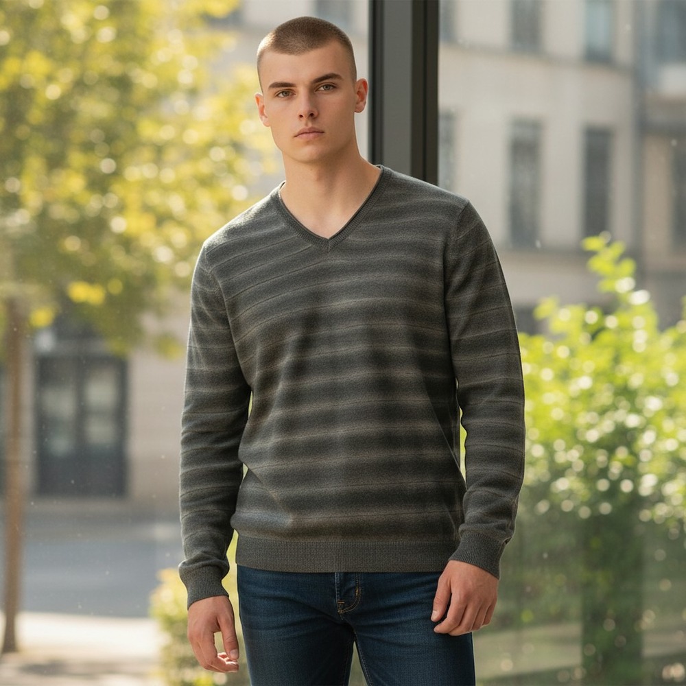 Bugatchi Merino Wool V-Neck Sweater Mens Large Grey Striped Long Sleeve